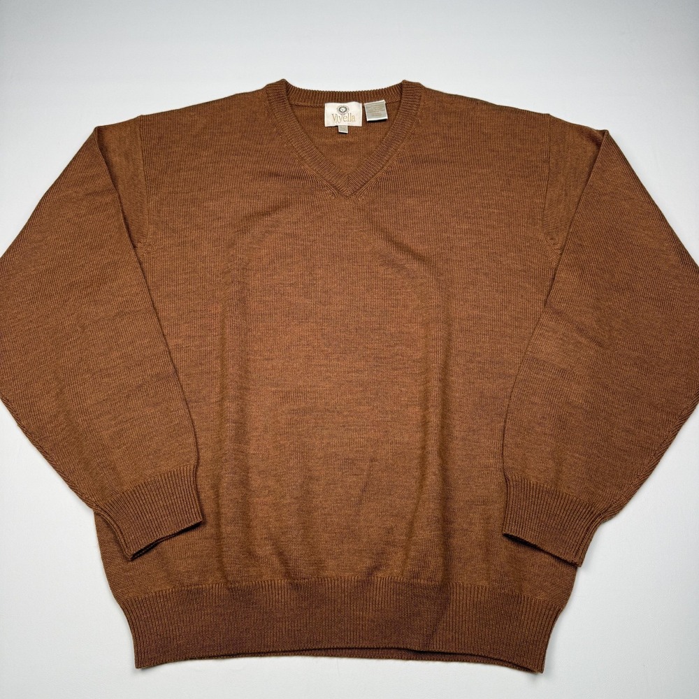 Viyella Sweater Mens Large Brown Merino Wool V Neck Pullover Knit Lightweight